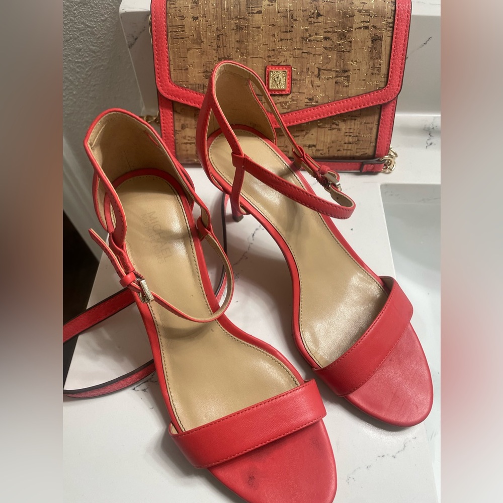 MK coral sandal heels & AK clutch